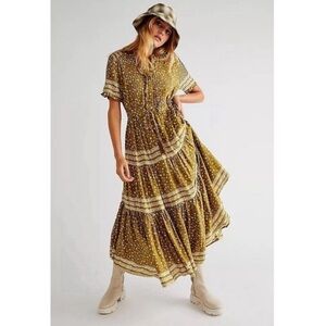 Free People Rare Feeling Maxi Dress Green Kiwi Combo Cottagecore Womens Size XS